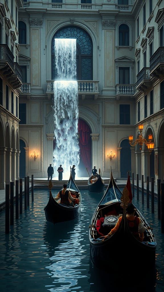 Venetian Palace Waterfall in a Painterly Style
