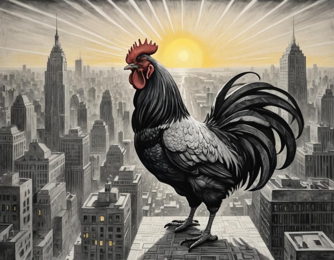 Surrealist Rooster Crowing at Sunrise: Charcoal Drawing