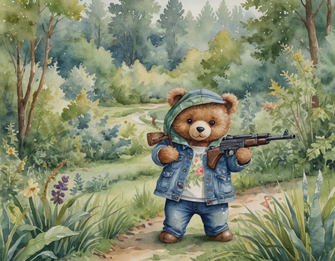 cute little teddybear pointing an AK47 at you