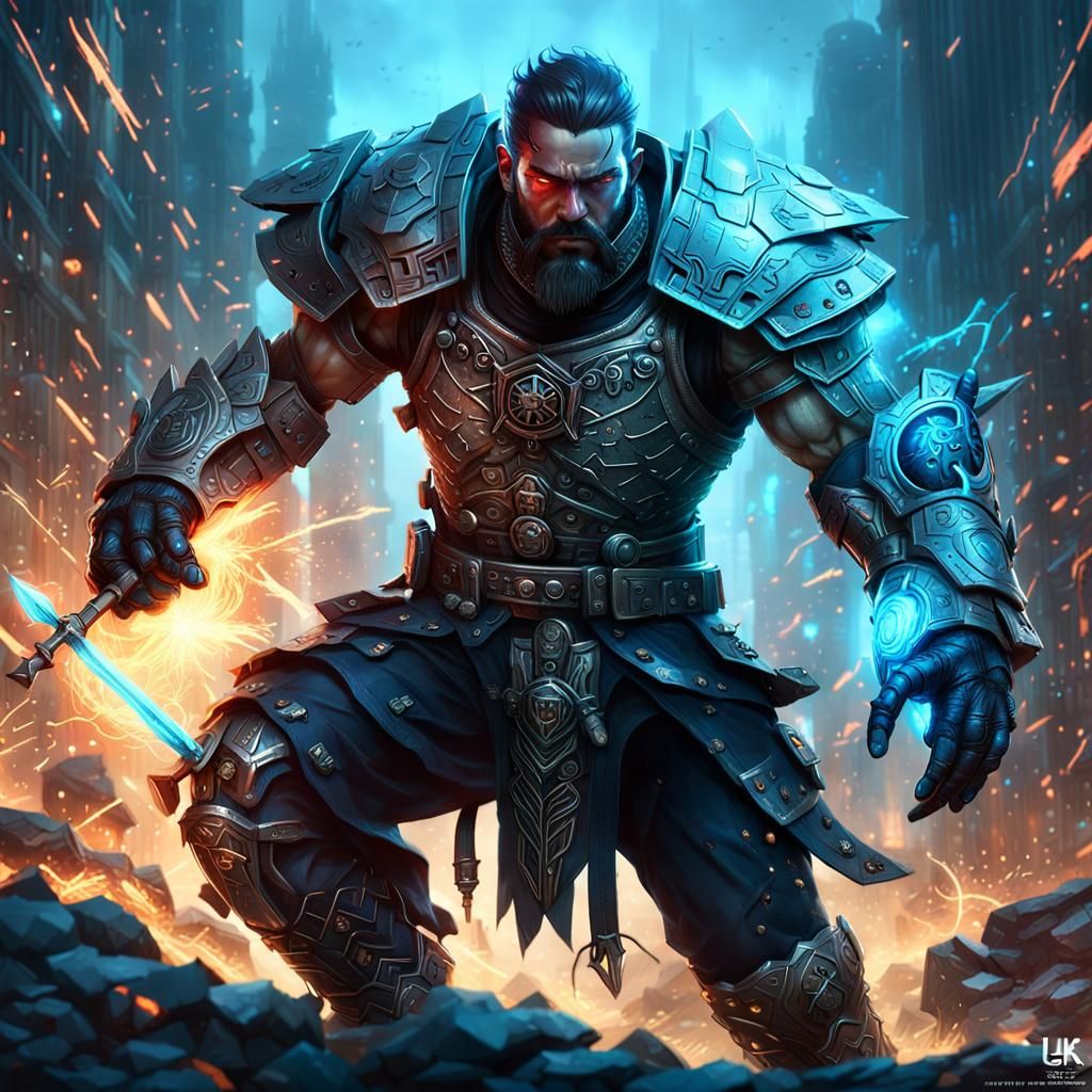 Nanobot Warrior with Blue Lightning, Detailed Digital Art