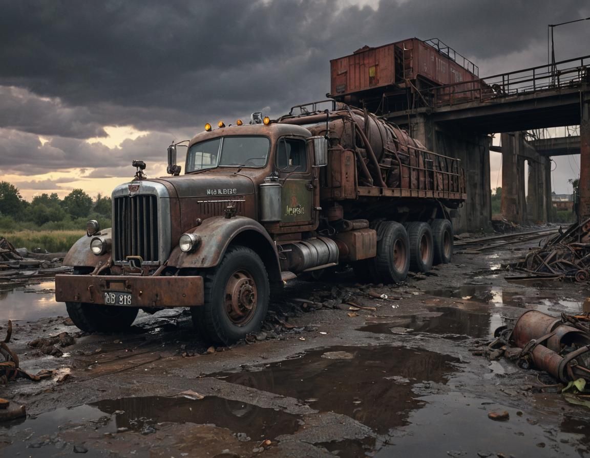 Dieselpunk Truck on Industrial Bridge at Sunset