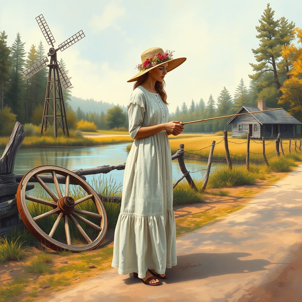 Lady Fishing in a Serene Countryside