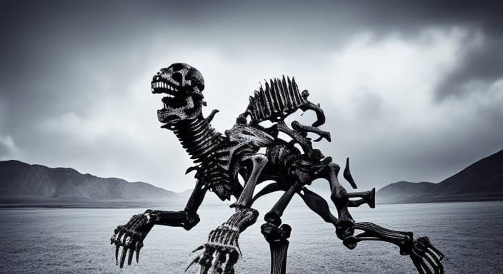Eerie Kaiju Skeleton Creature in Dark Fantasy Landscape