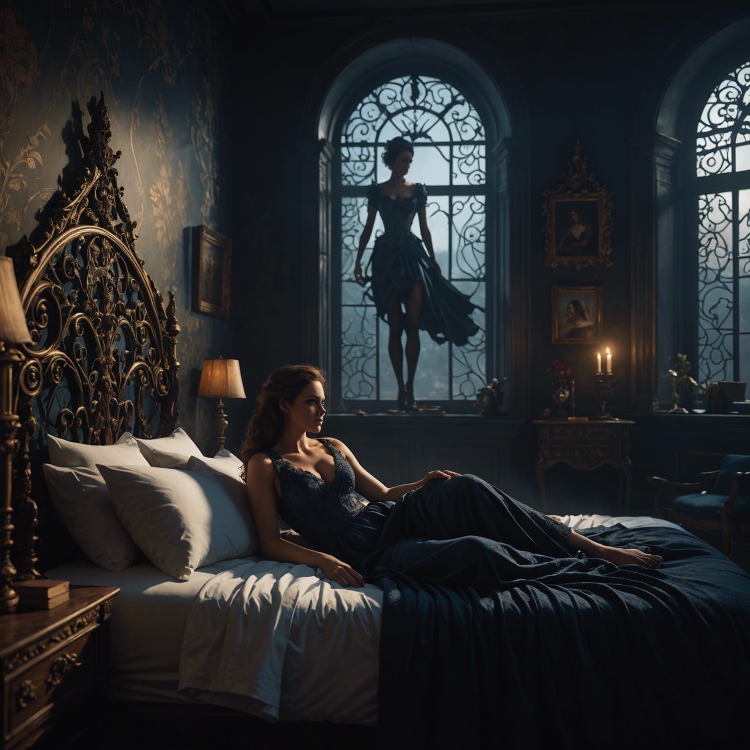 Eerie Shadow Over Woman in Bed: Detailed Matte Painting