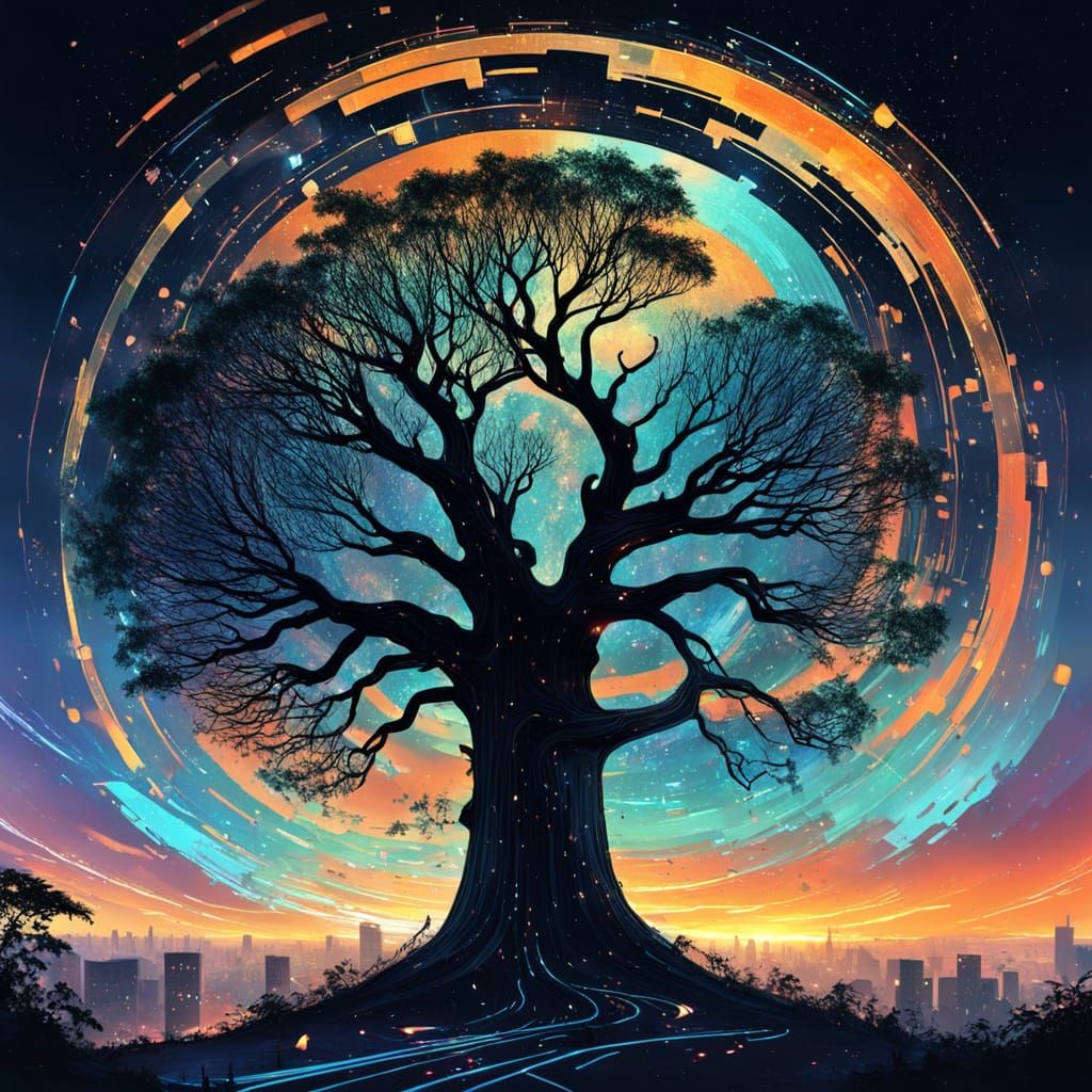 Surreal Sunset Tree Silhouette in Glitchcore Aesthetic
