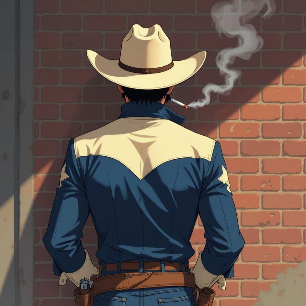 Black Cowboy Leans Against Brick Wall in Anime Style