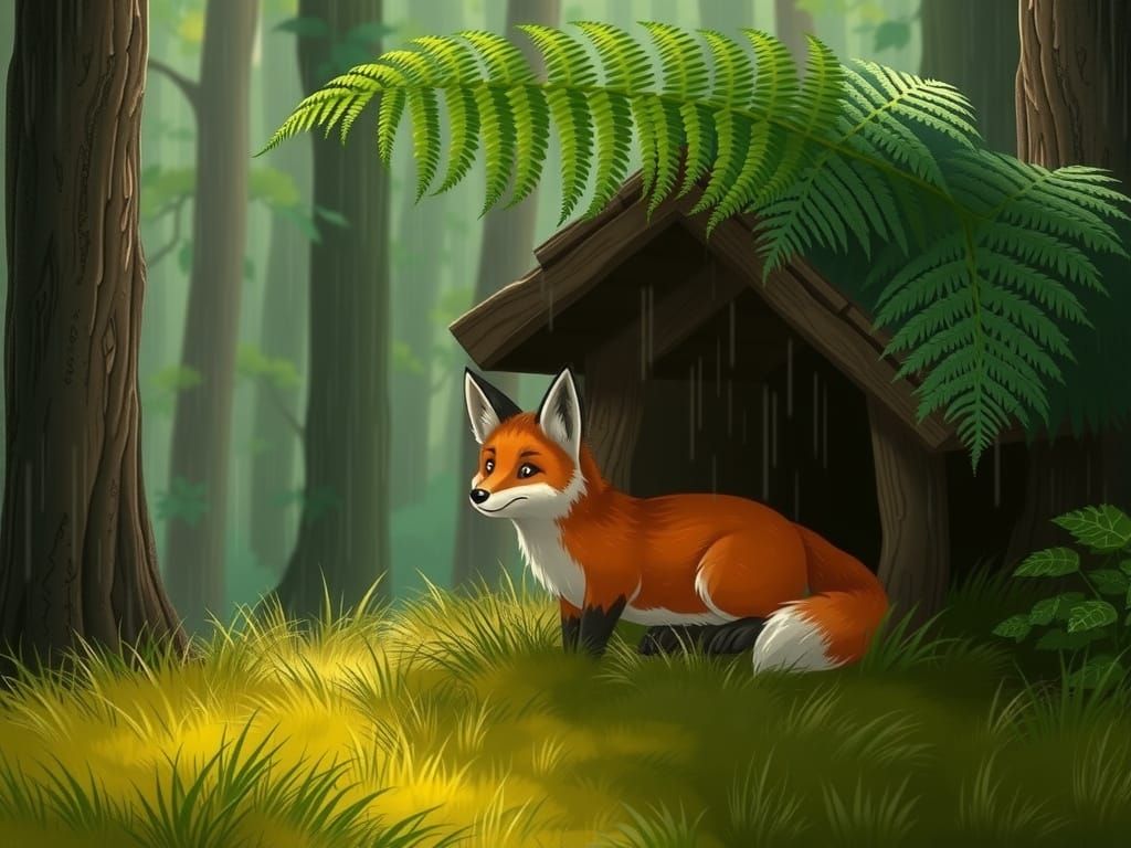 Fox Sheltering from Rain Under Forest Ferns