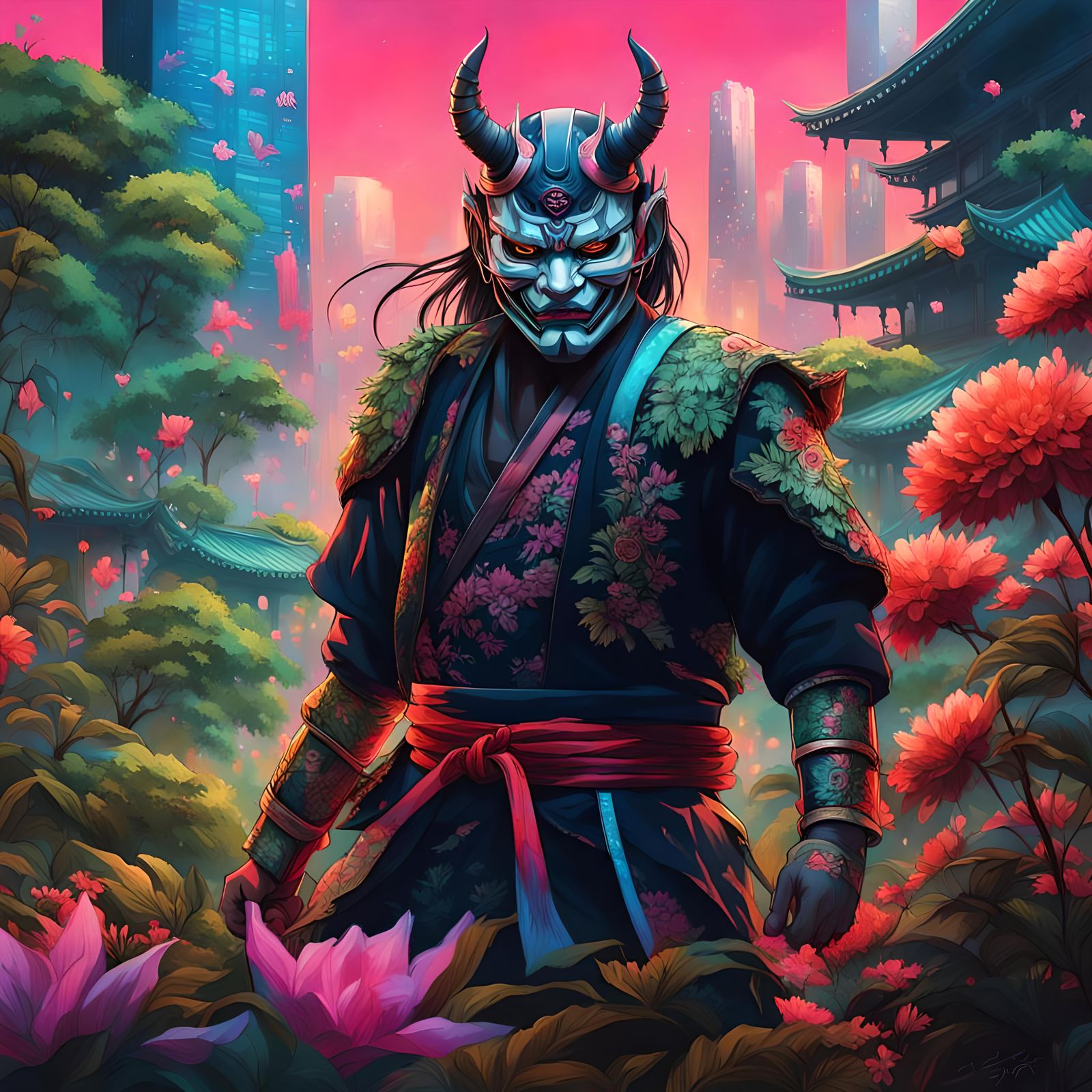 Samurai in Hannya Mask Amid Neon Jungle