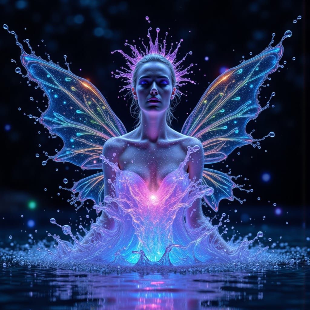 Mystical Water Fairy Emerges from Water Droplets