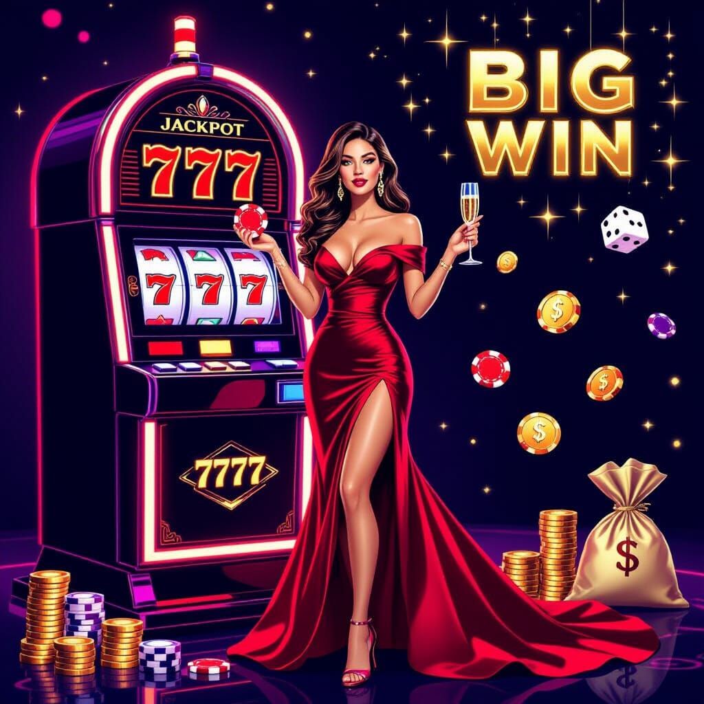 Glamorous Casino Poster with Woman and Jackpot Slot Machine