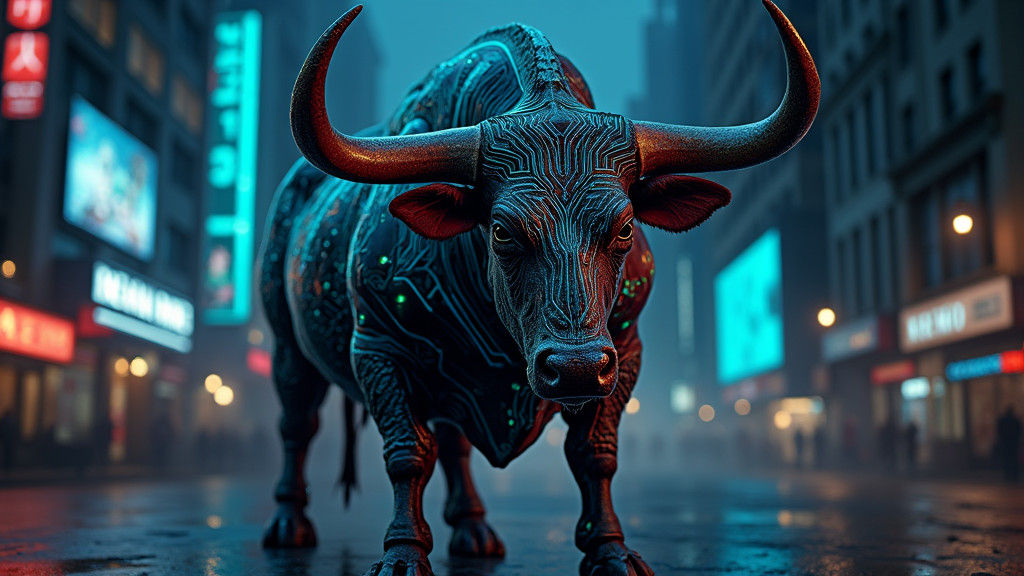 Cyberpunk Bull in Gritty Cityscape at Dusk