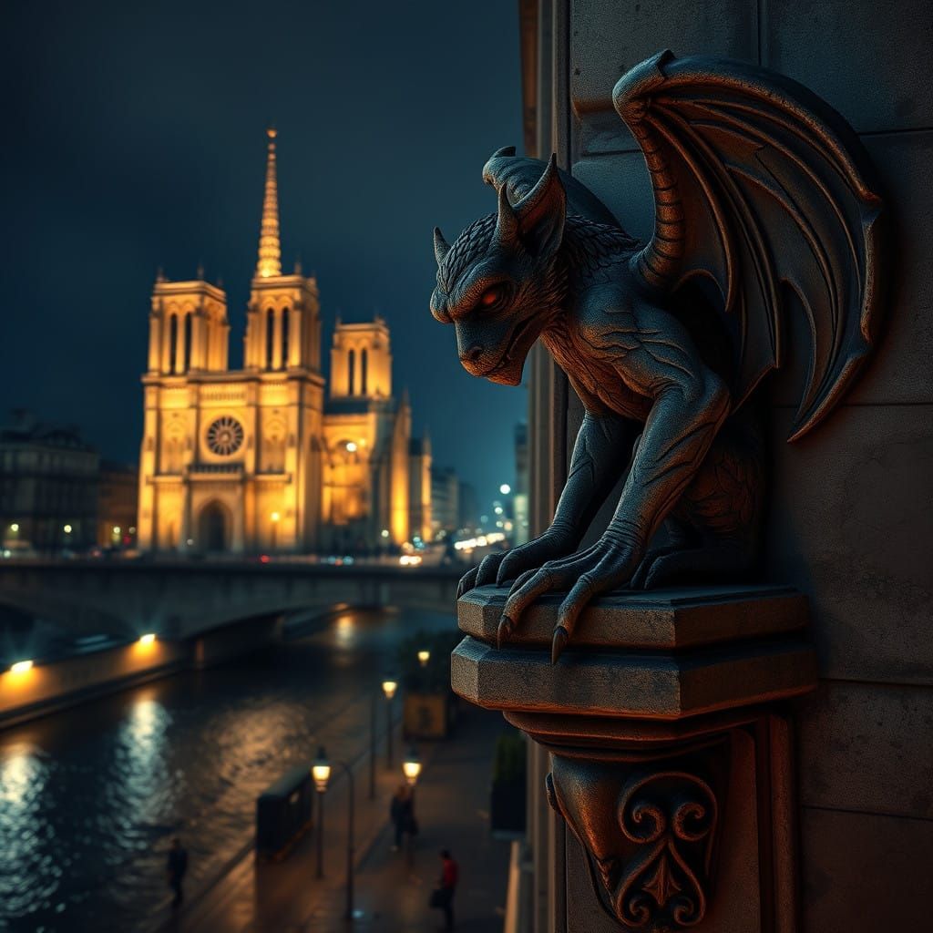 Gothic Gargoyle Guards Notre Dame in Golden Light
