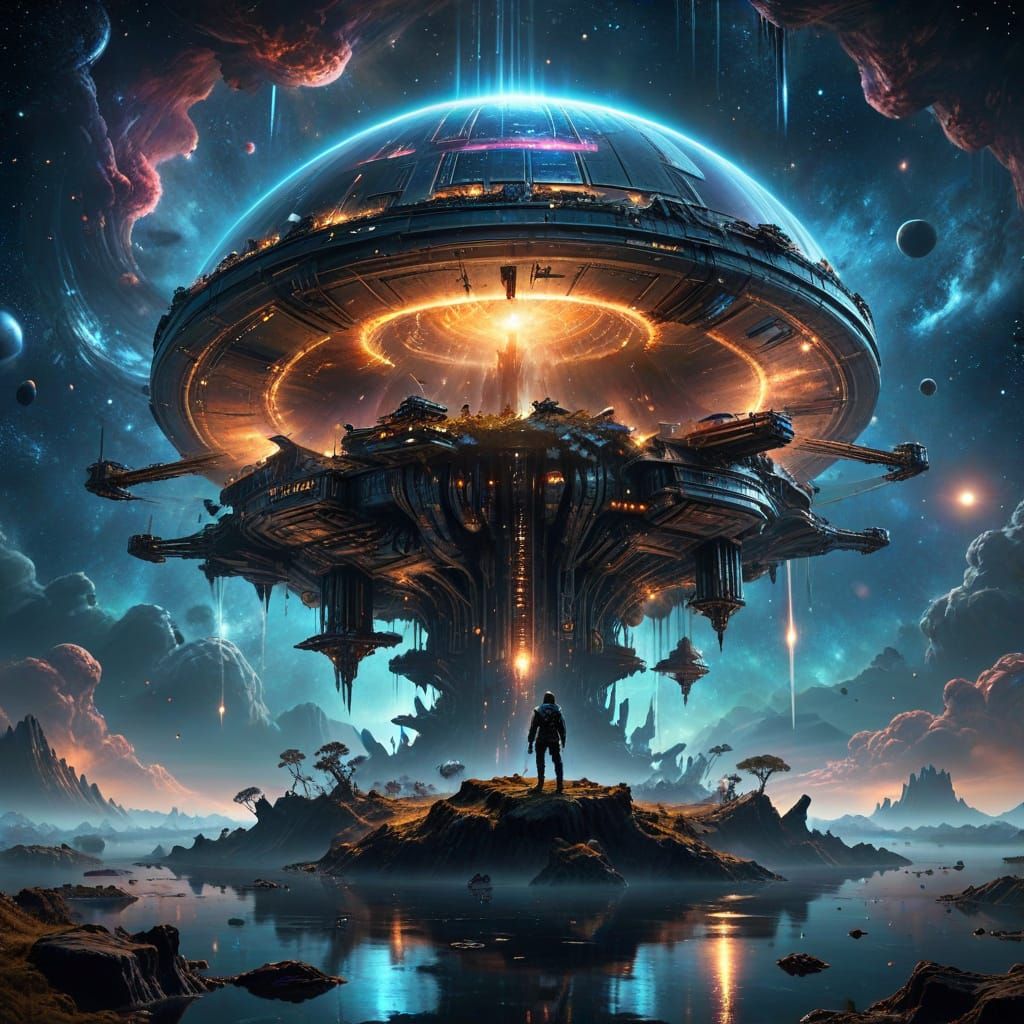 Cosmic Explorer on Floating Island in Biomechanical Style