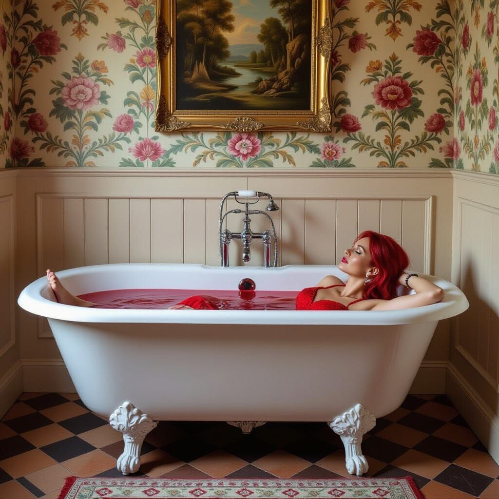 Red-Haired Woman in Antique Bathtub