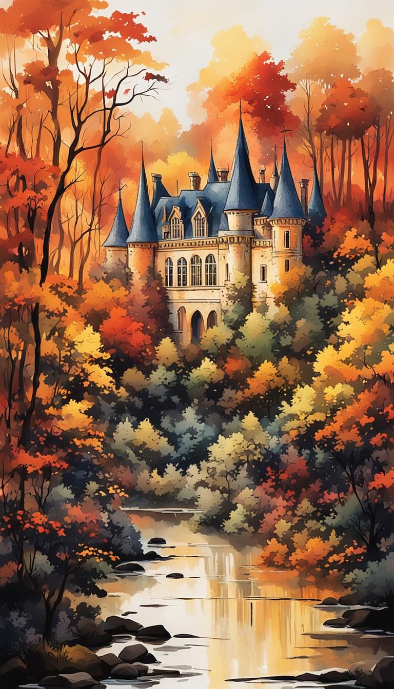 Amazonian Castle in Colorful Ink Splatter Style