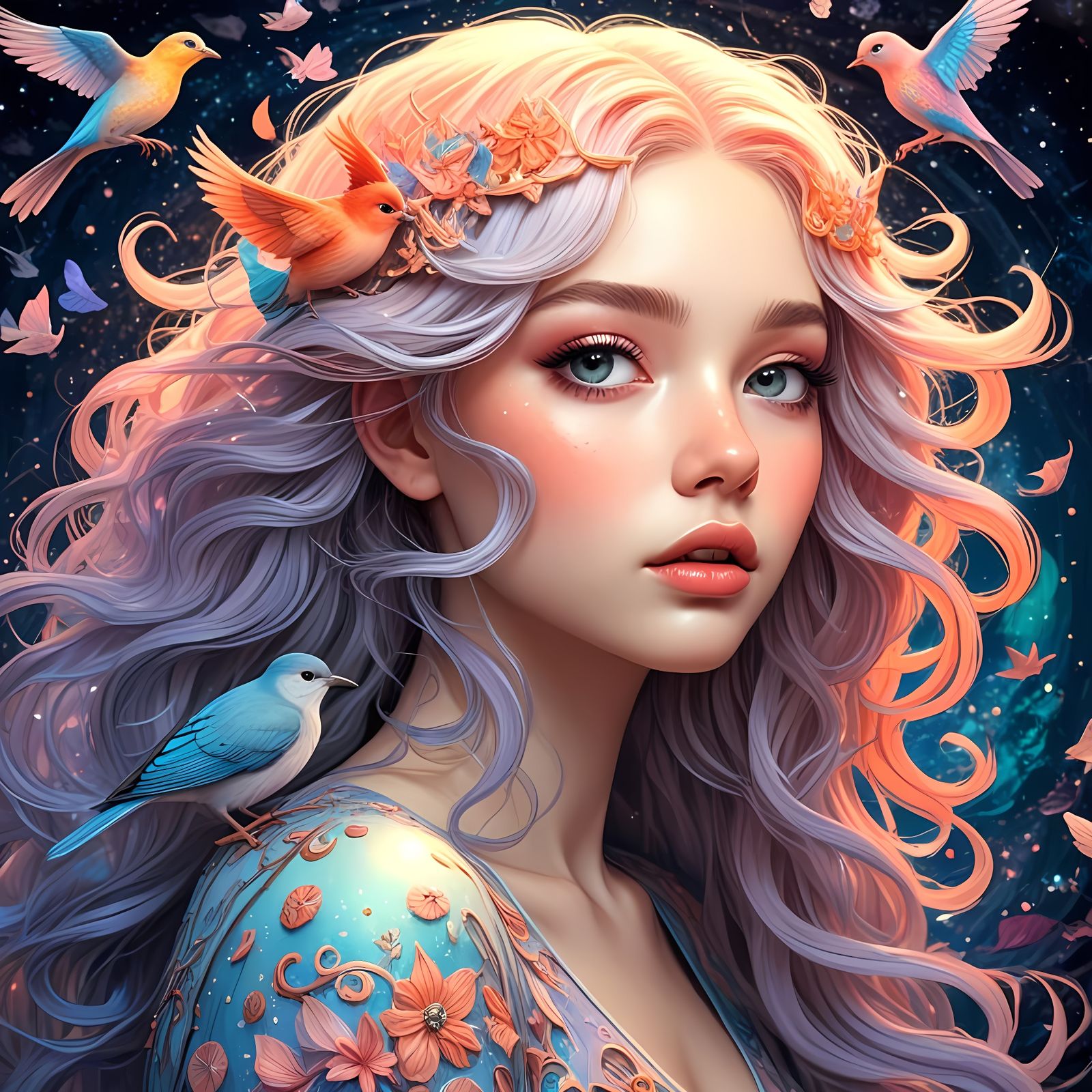 Whimsical Girl with Birds in Vibrant, Intricate Style