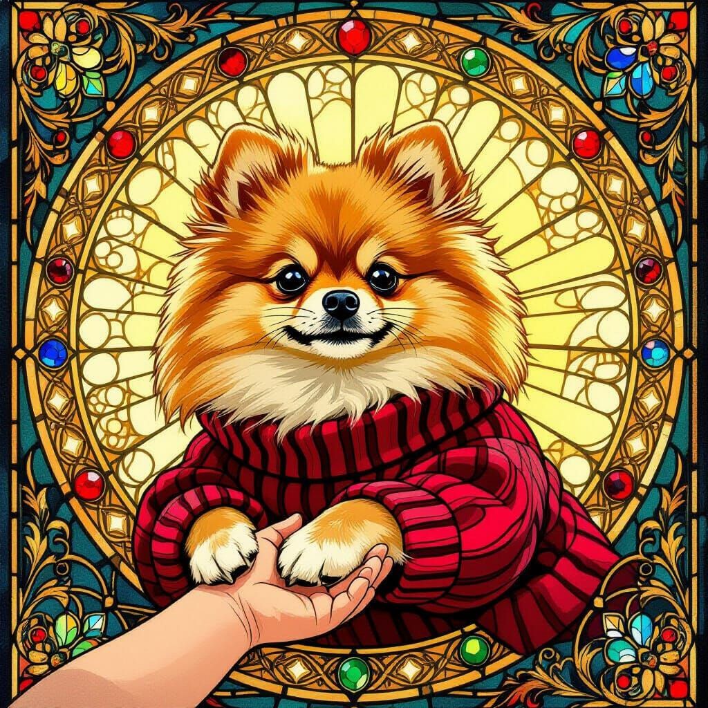 Pomeranian and Child's Hand in Radiant Stained Glass