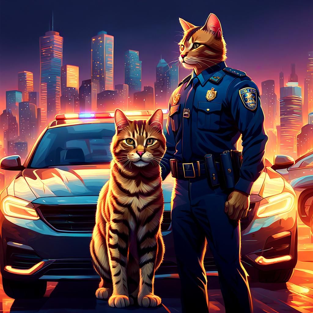 Cyberpunk Police Cat Hero in High-Tech Speedster