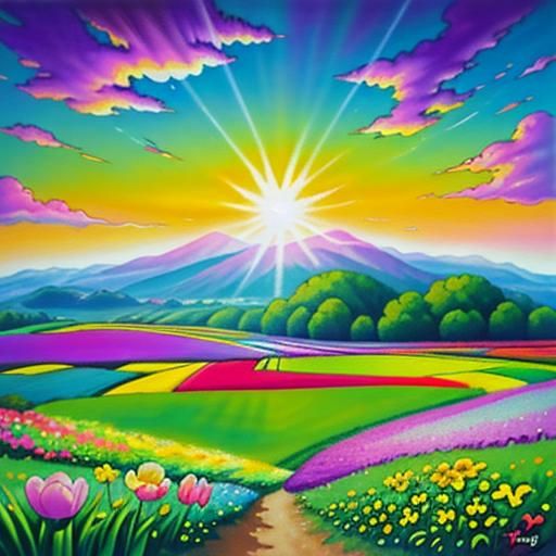 Colorful Flower Field in Lisa Frank Art Style