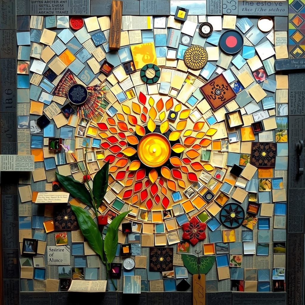 Mosaic Organic Composition, Abstract Spiritual Light, Mixed Media, Old Newspapers With Headlines