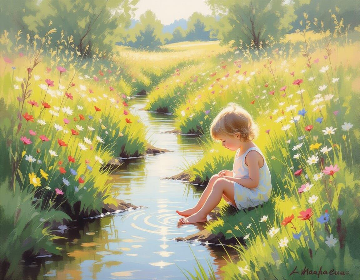 Child in Sun-Dappled Meadow with Wildflowers