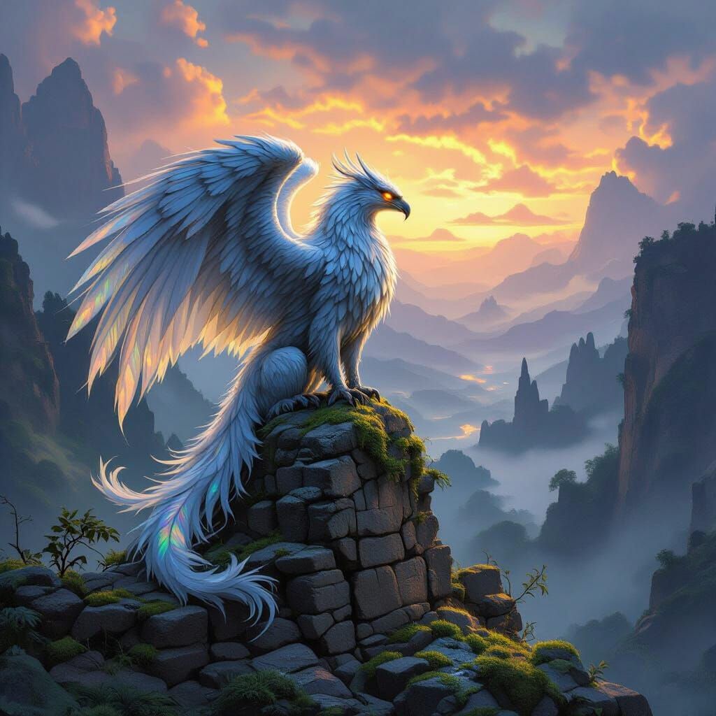 Iridescent Griffin on Ancient Ruins