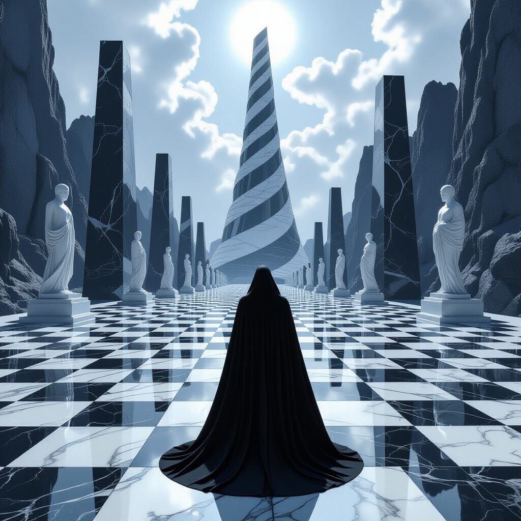 Surrealist Chessboard World with Monolithic Towers