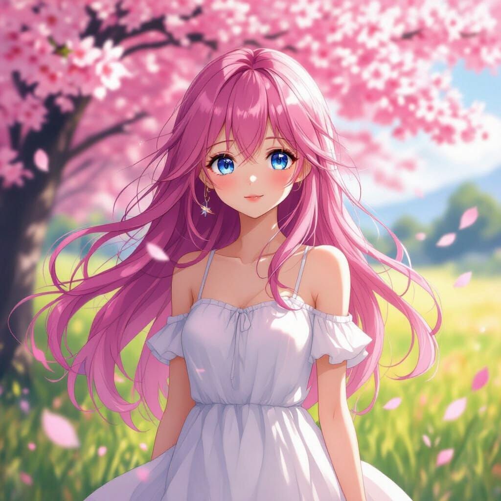 Anime Girl in Cherry Blossom Field