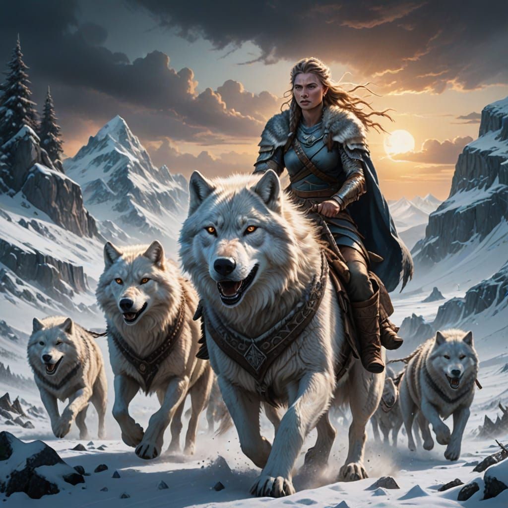 Barbarian Queen Rides Tundra Wolf into Battle - Photorealist...