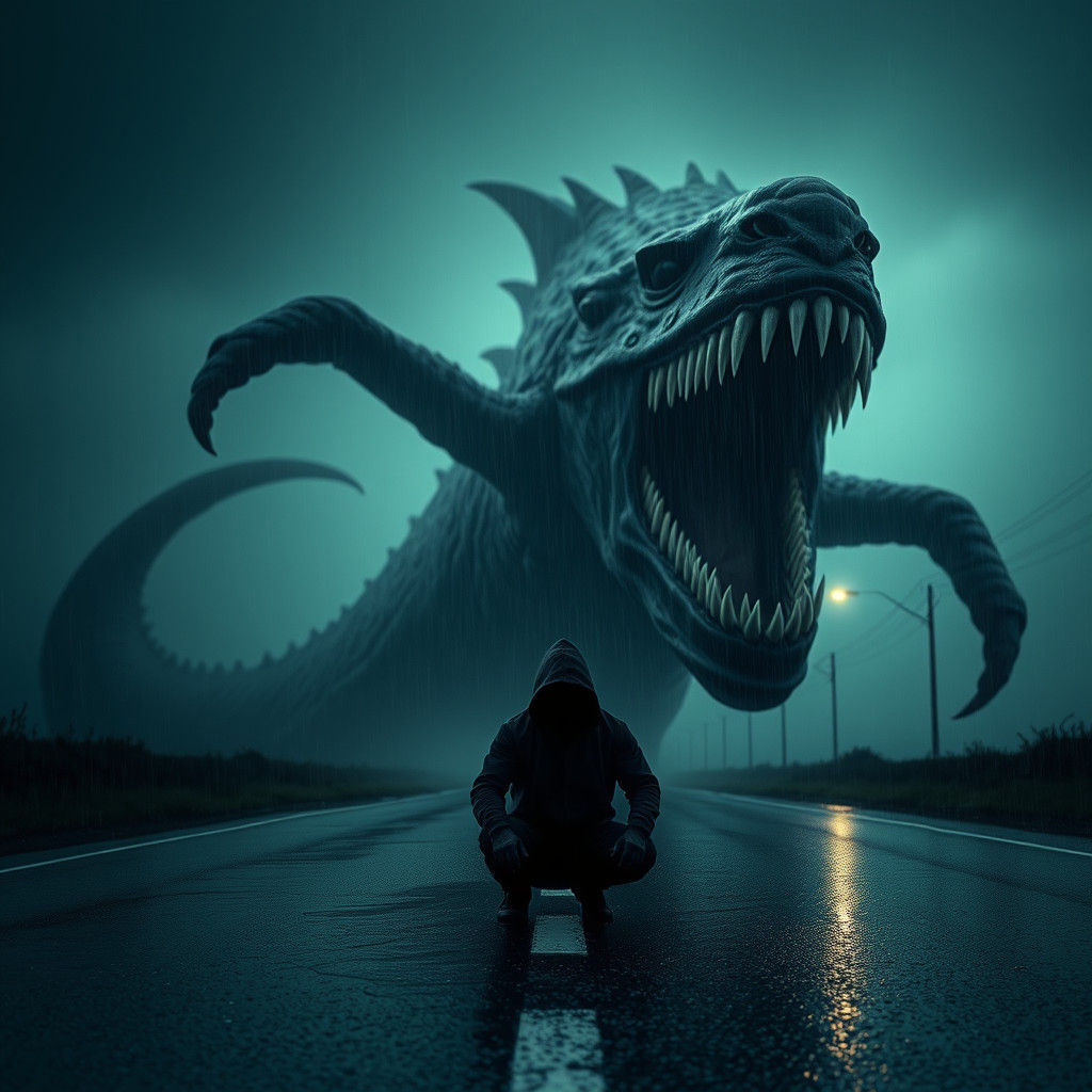 Colossal Sea Monster Emerges Above Hooded Figure on Rain-Soa...