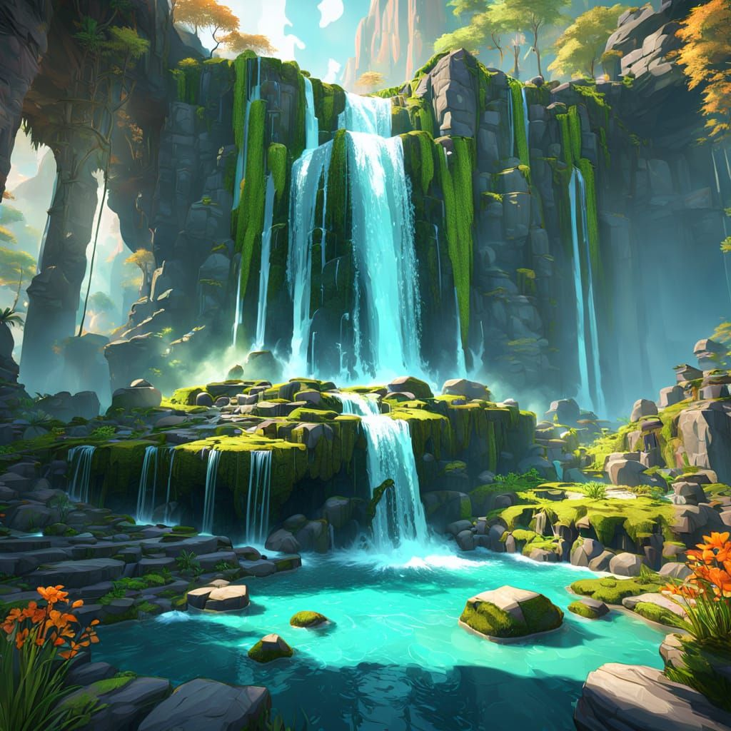 A majestic waterfall cascading down moss-covered rocks into ...