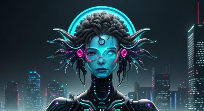 Biopunk Mermaid Portrait in Hyper-Futuristic Cityscape