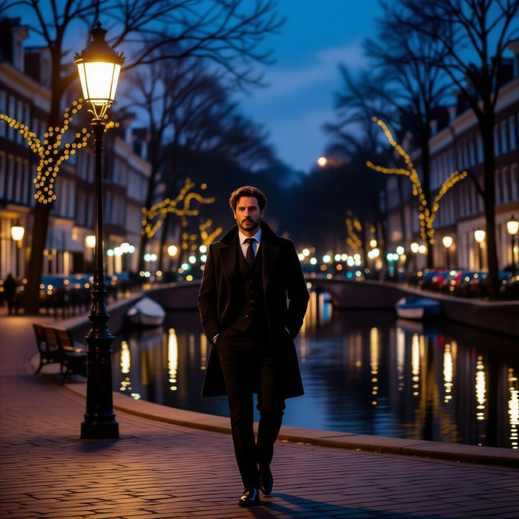 Elegant Man in Park at Night, Photorealistic Style