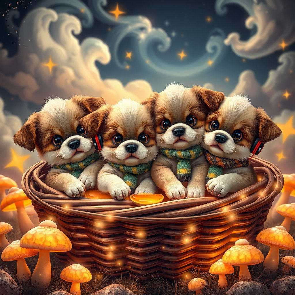 Puppies in Honey with Fairy Lights, Matte Painting