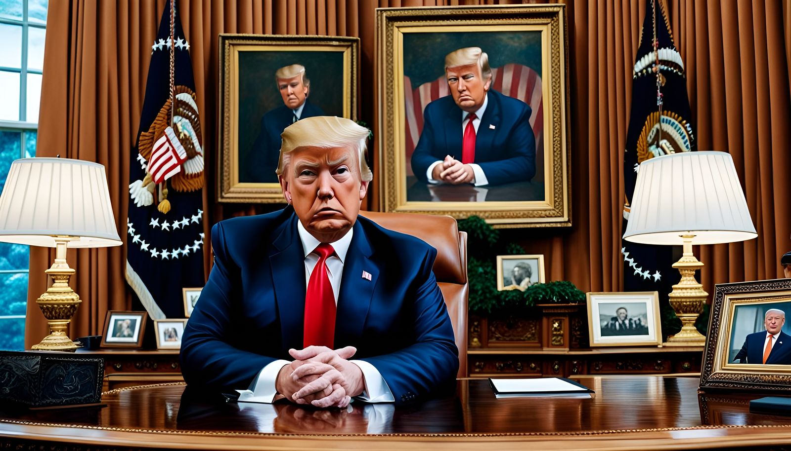 Donald Trump at the Resolute Desk in Folk Art Style