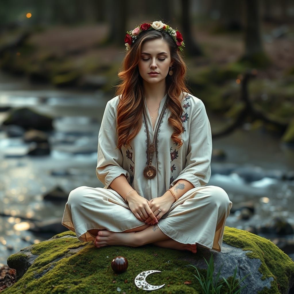 Slavic Woman Meditating in Forest Stream, Hyperrealistic Pho...