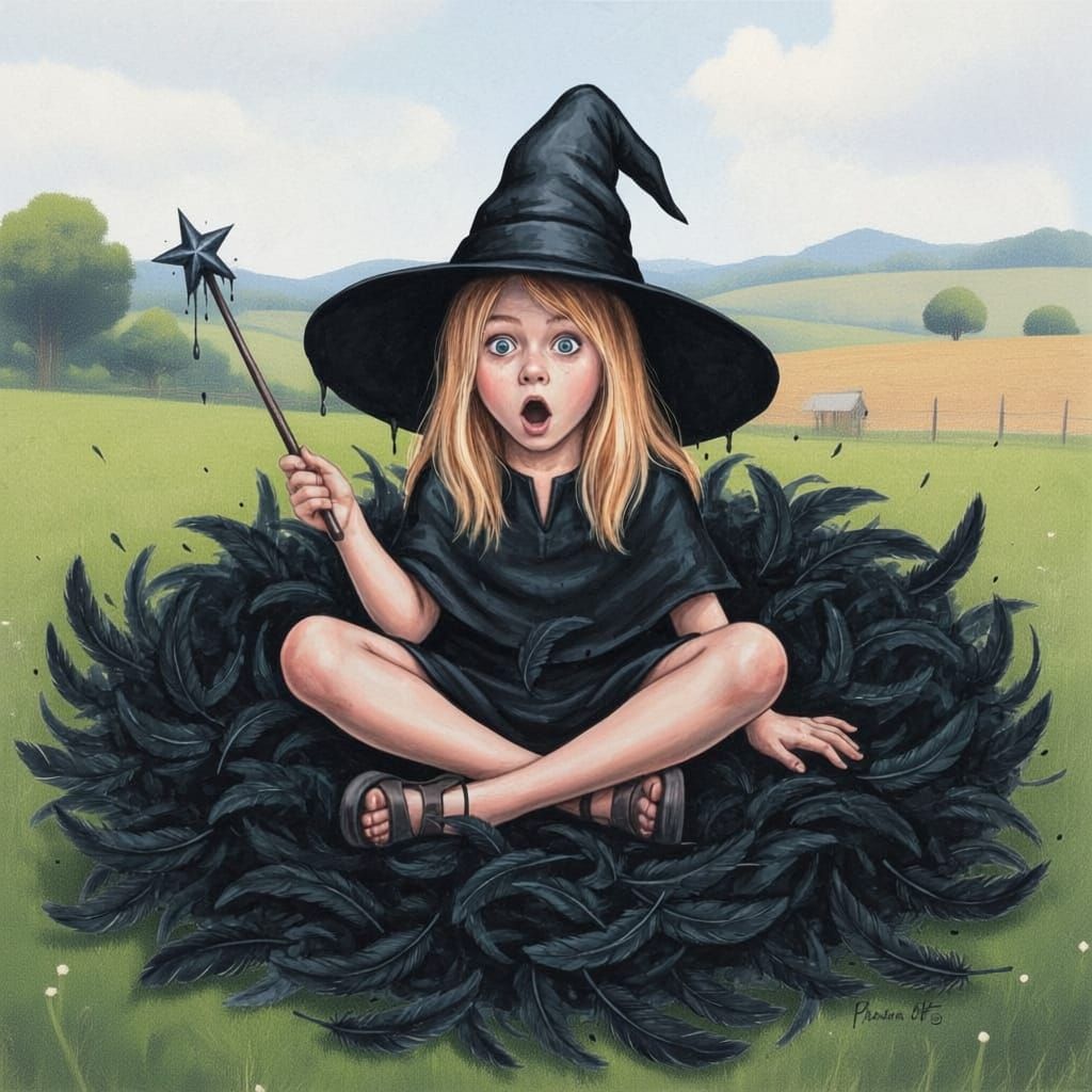 Surprised Witch Amidst Black Feathers, Gouache Painting