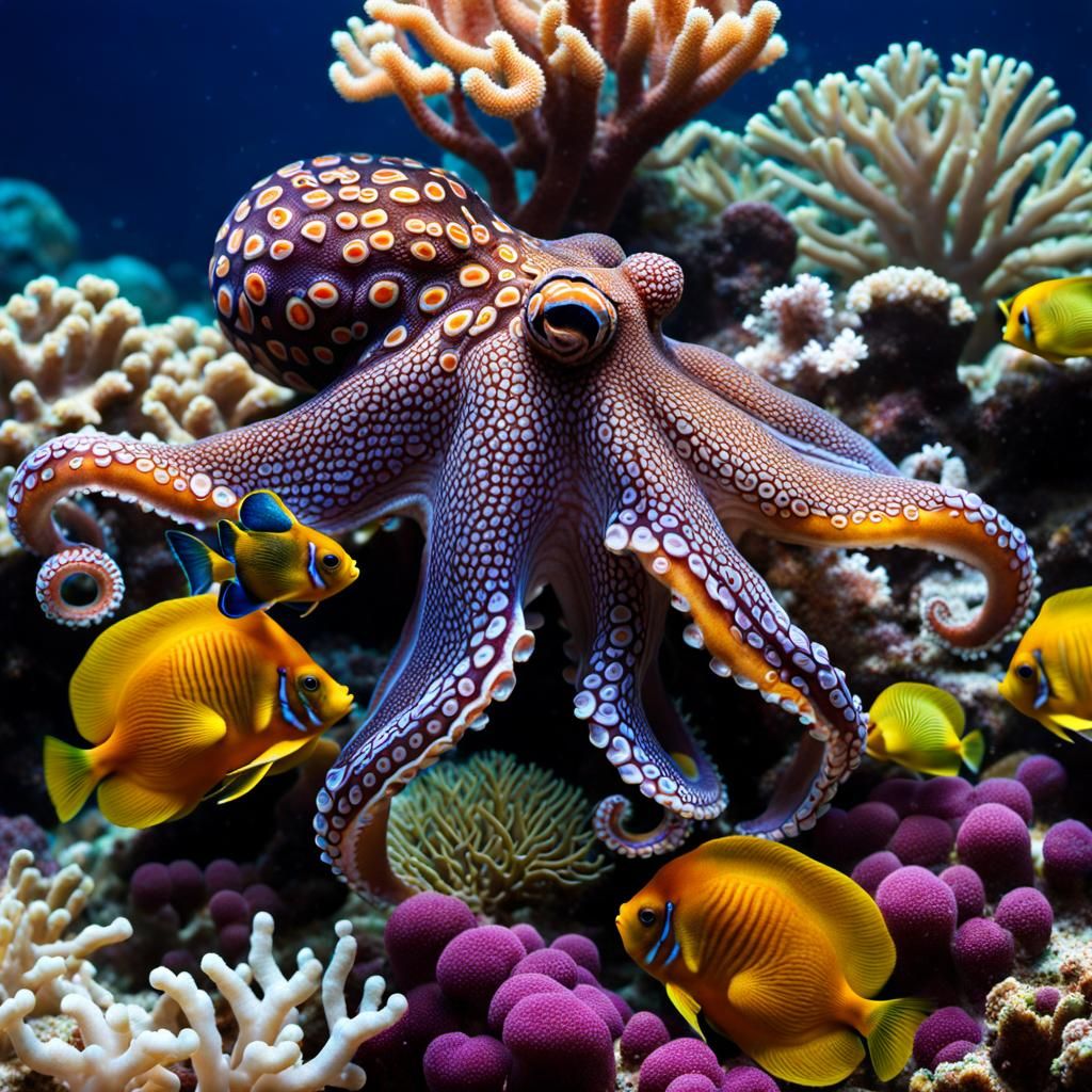 Vibrant Octopus and Tropical Fish in Coral Reef