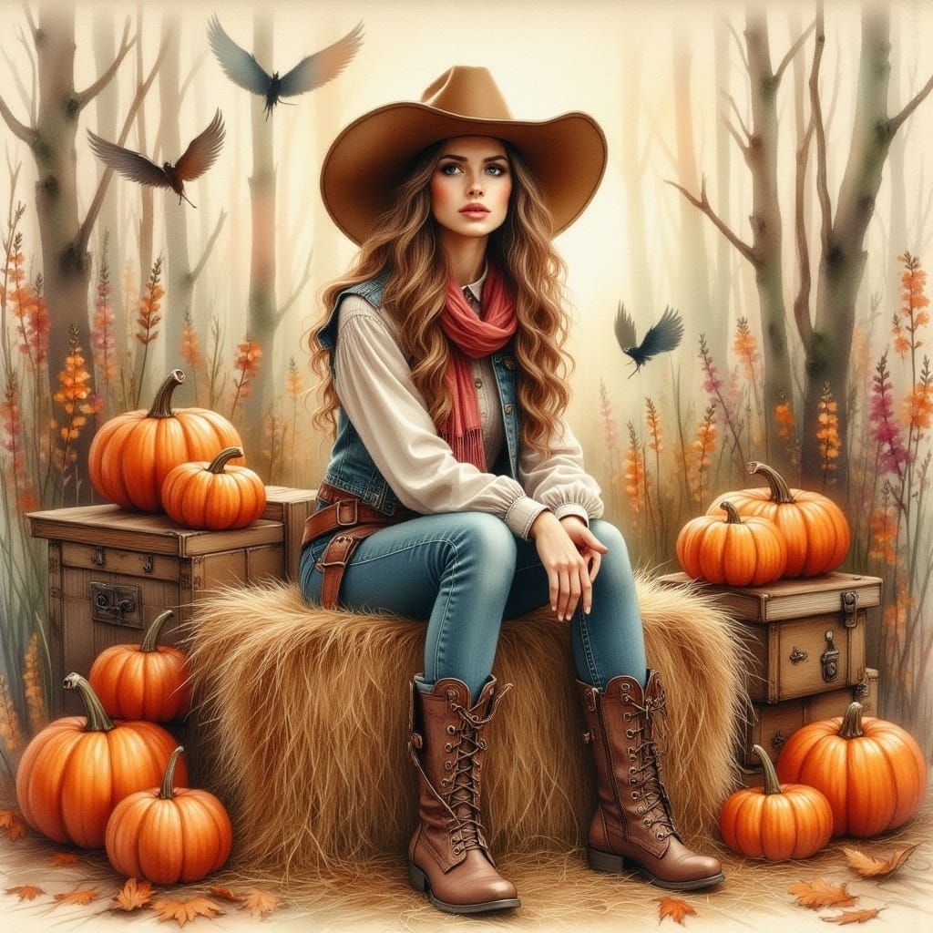 Cowgirl in Gritty Watercolor Style Fall Scene