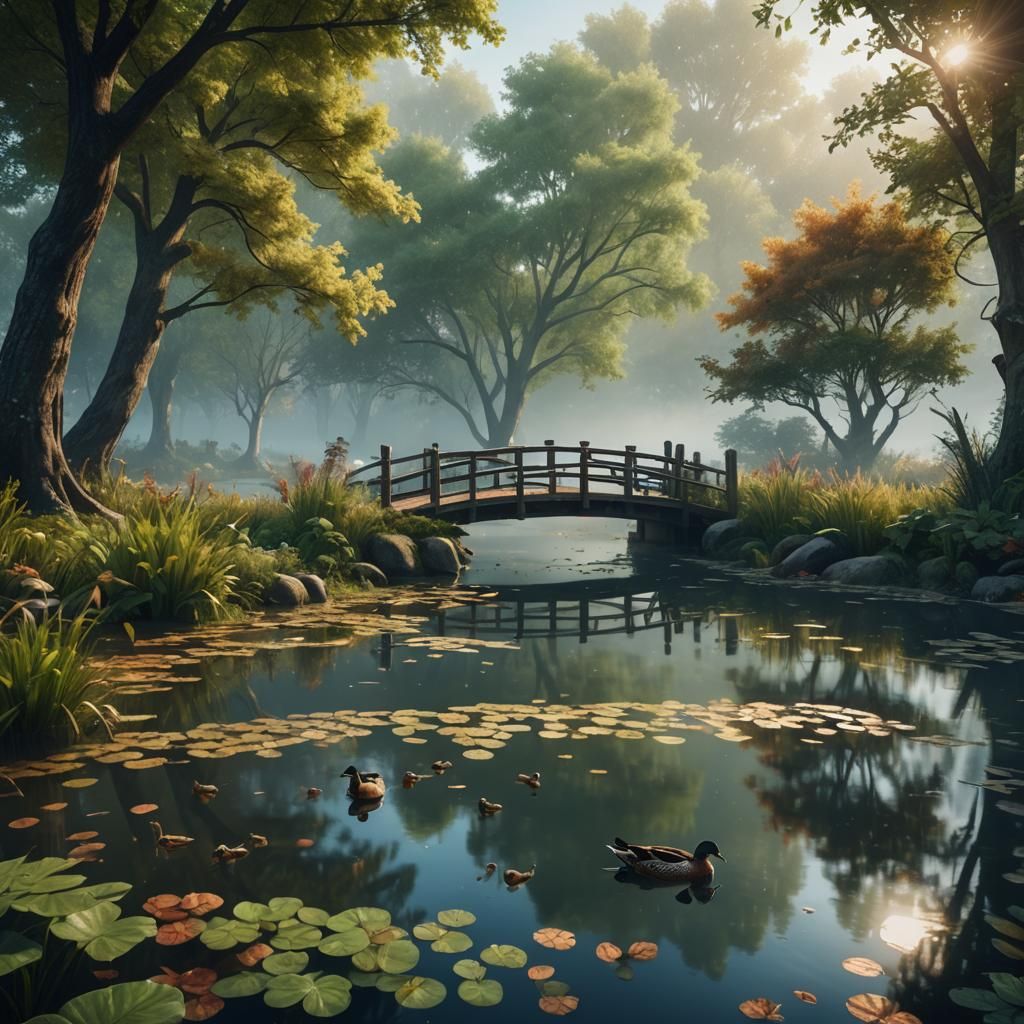 Foggy Morning Pond Scene with Ducks