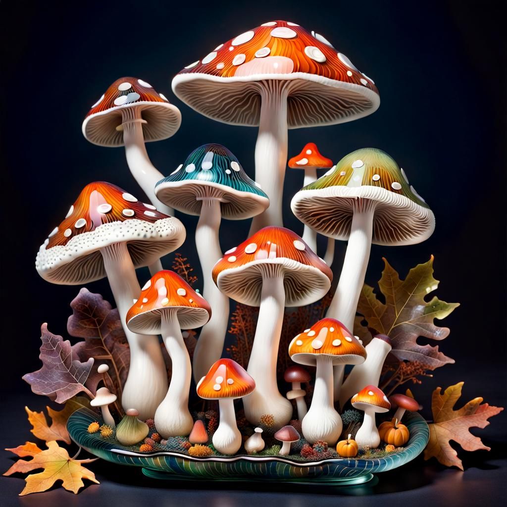Whimsical Autumn Mushrooms in Blown Glass Style