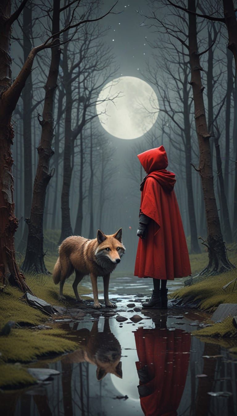 Little Red Riding Hood in a Dark Whimsical Landscape