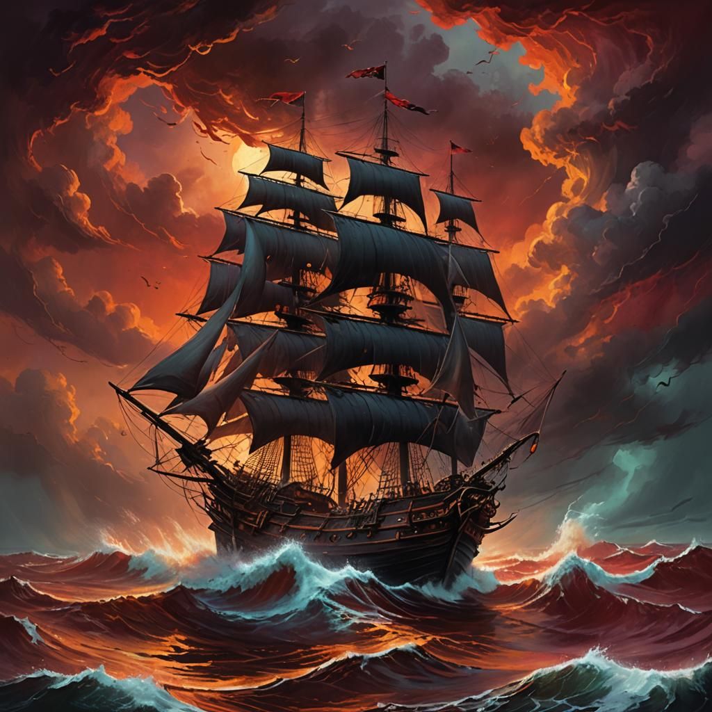 Pirate Ship on a Crimson Sea: Dark Fantasy Art