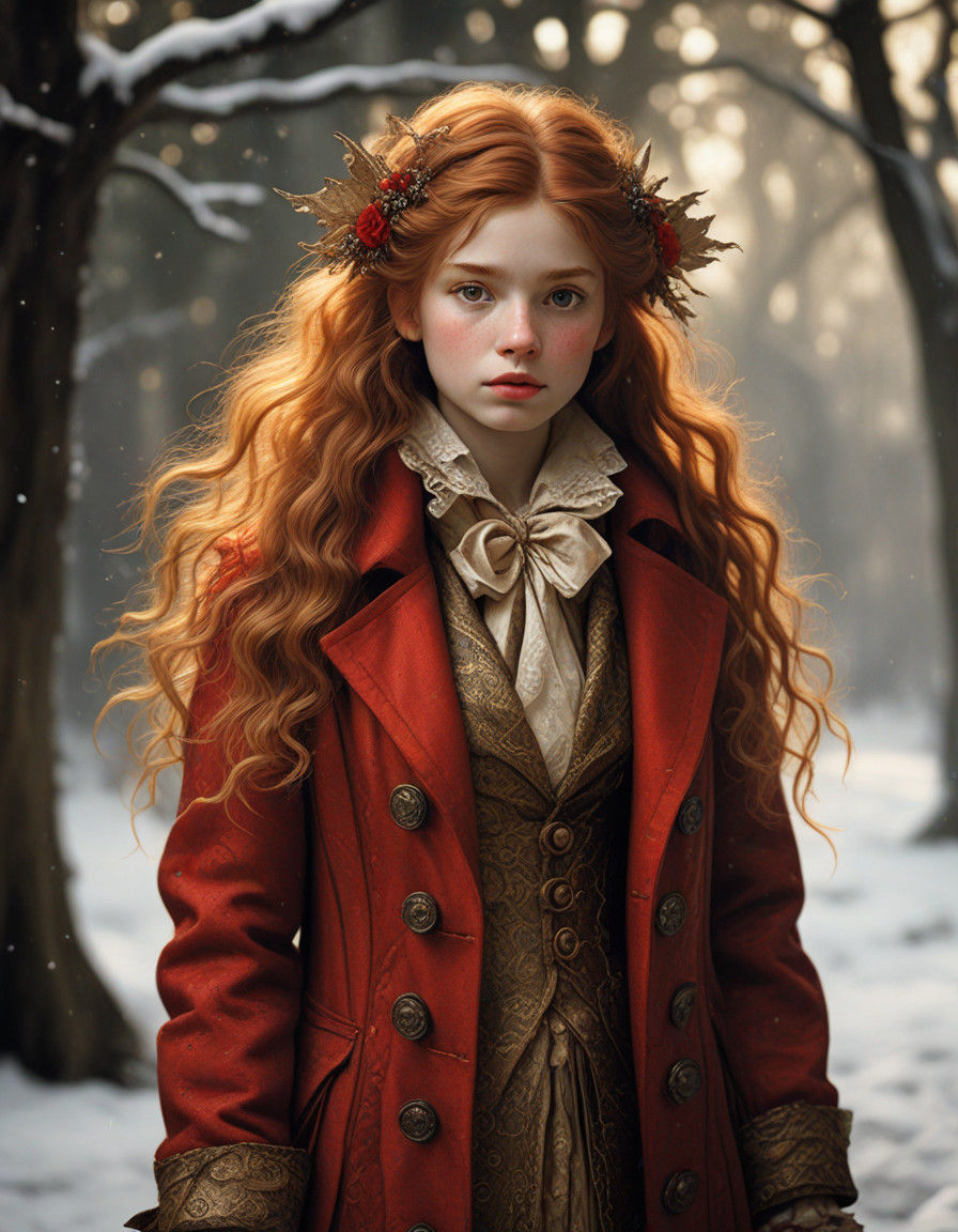 Edwardian Fairy Woman in Regal Attire Amid Snowy Landscape