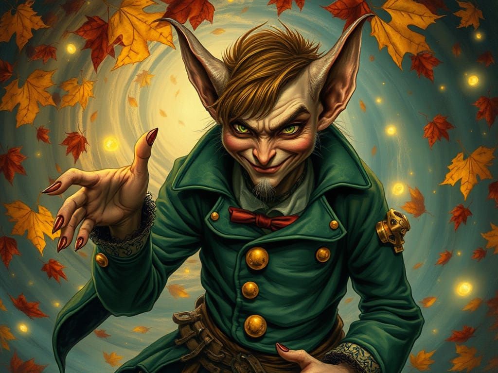 Whimsical Autumn Fae Trickster in Emerald Coat