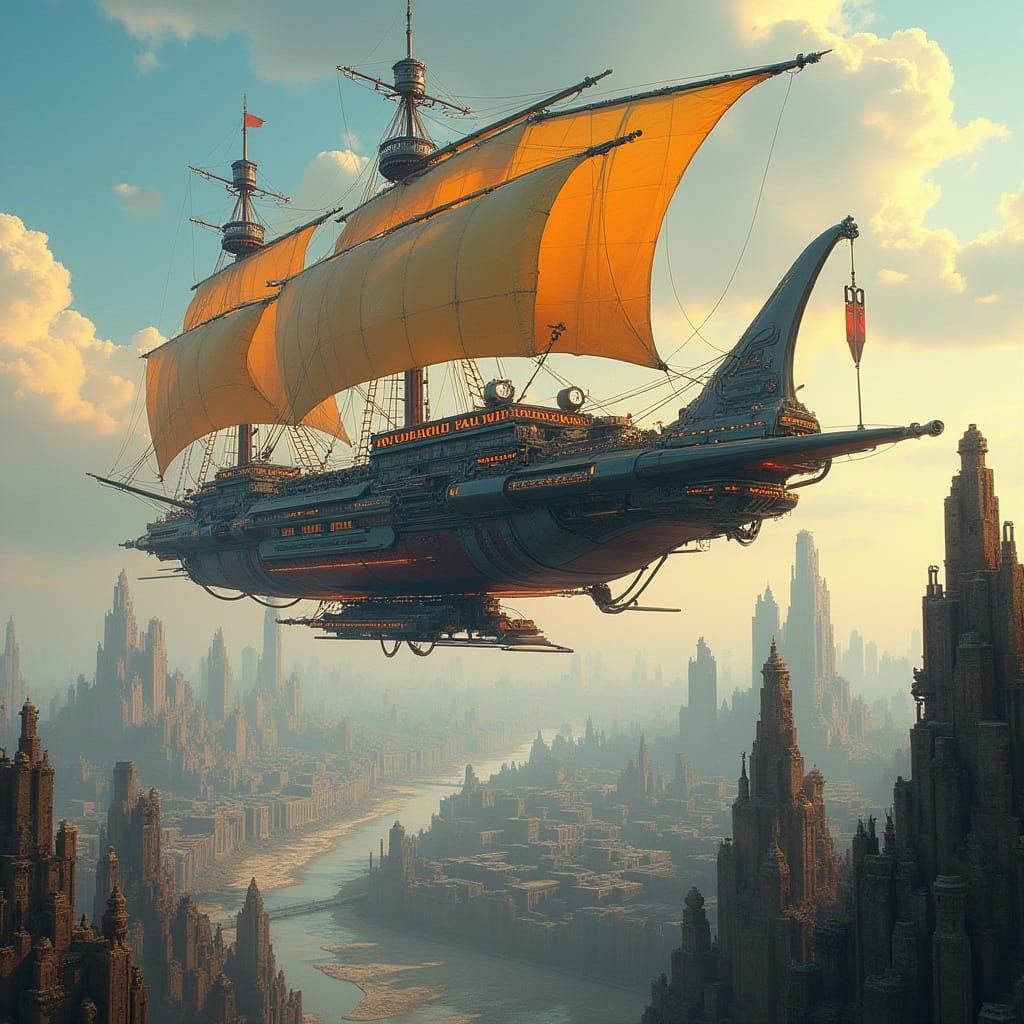 Futuristic Galleon Airship Over Ancient Cityscape