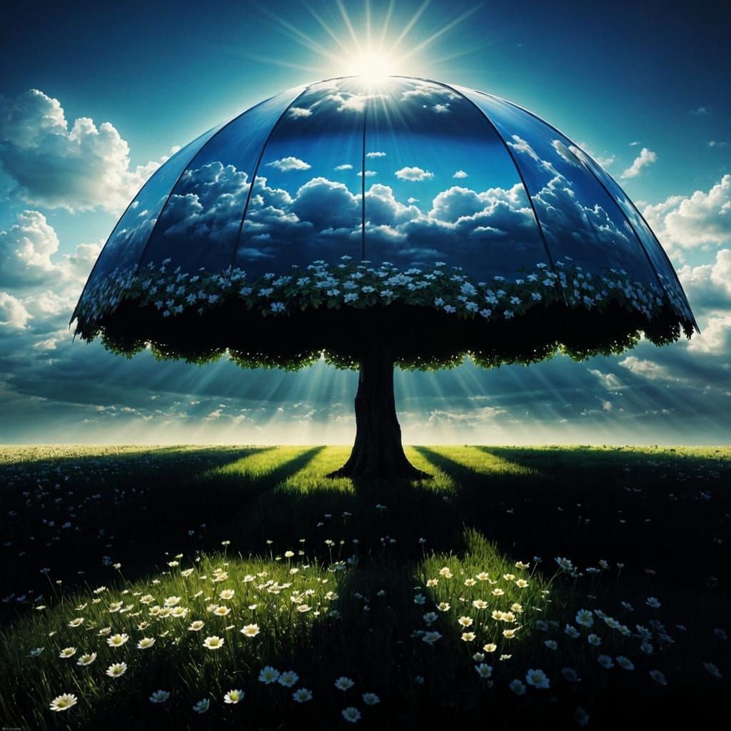 Surreal Cloud Parasol Tree in Detailed Flower Field