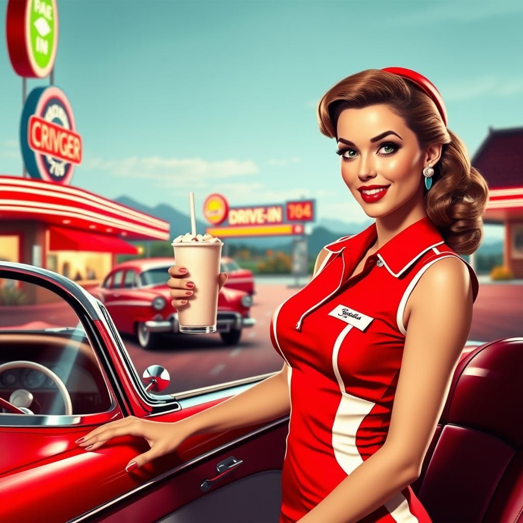 Sultry 1950s Drive-In Waitress in Vintage Pop Art Style