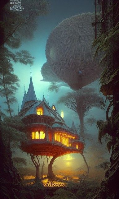 Surreal Floating Treehouse in Dark Fantasy Style
