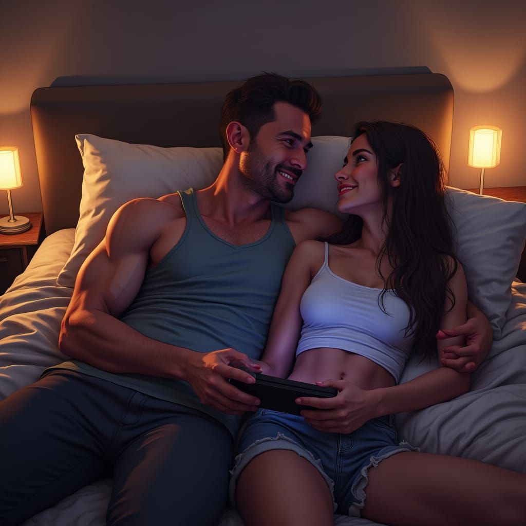 Couple Playing GTA VI in Cozy Bedroom